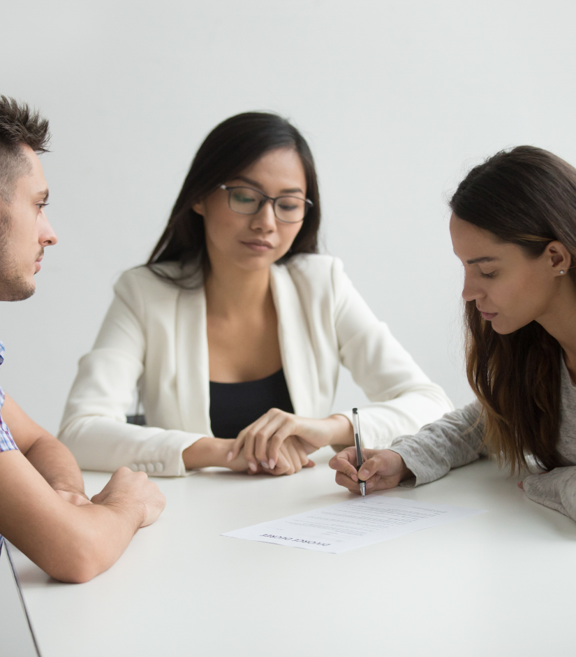 young wife sign divorce papers lawyer office 1